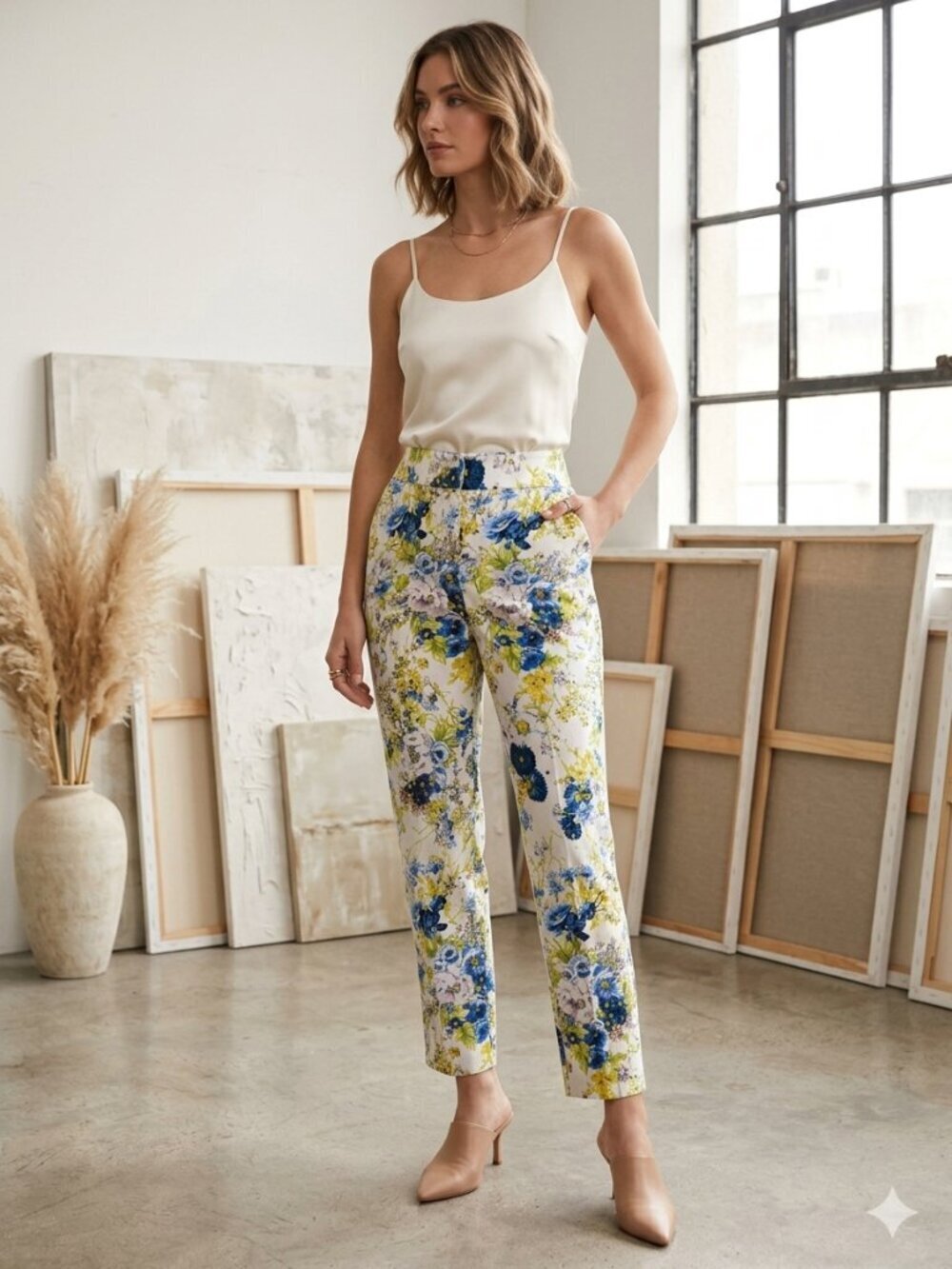 Chico's  SZ L Blue Garden Party Floral Print Flat Front Pockets Zip Ankle Pants